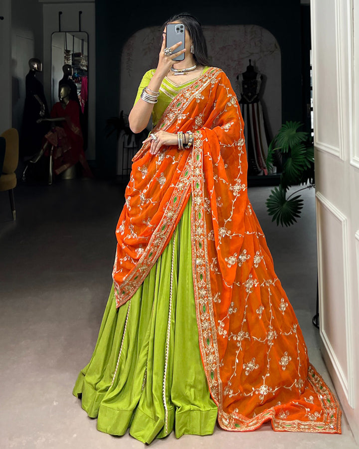 Traditional Parrot Green Color Pure Rayon Lehenga Choli