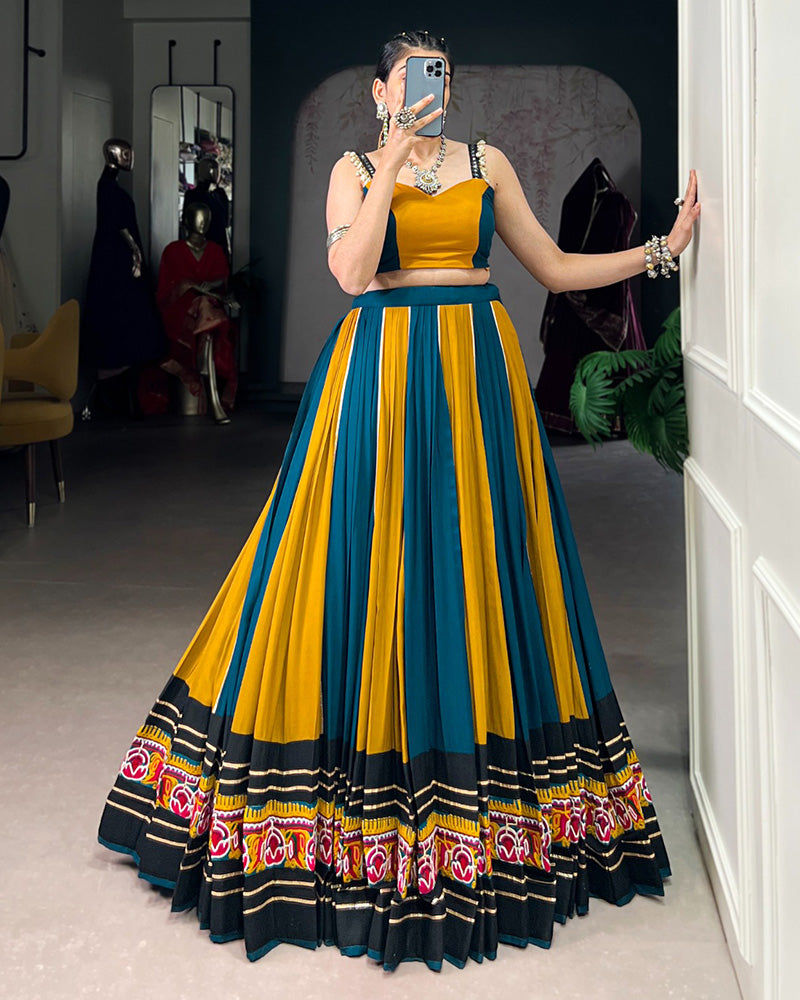 Mustard Color Pure Rayon Navratri Lehenga With Black Choli