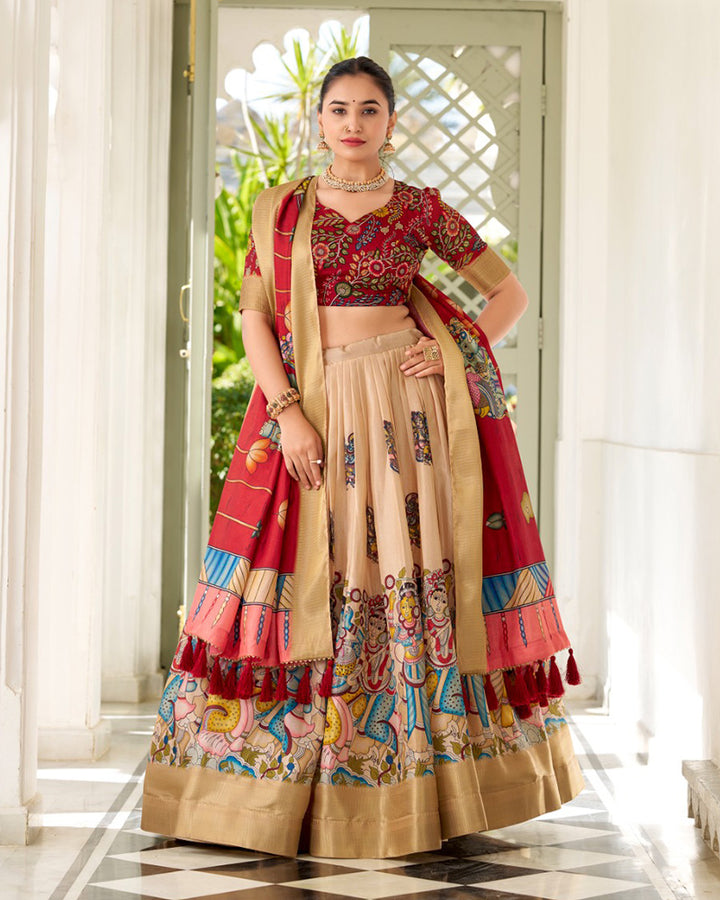 Cream Color Dola Silk Designer Kalamkari Print Half Saree