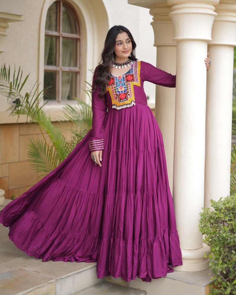 Three Color Rayon With Kutchi Gamthi Embroidered Navratri Gown