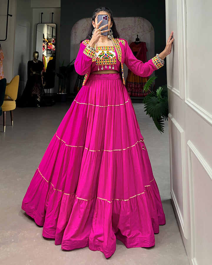 Pink Color Pure Rayon Gamthi Navratri Lehenga Choli