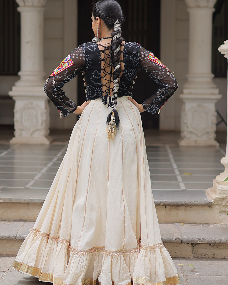 Vibrant Gamthi Work Black Kediya With Off-White Traditional Lehenga