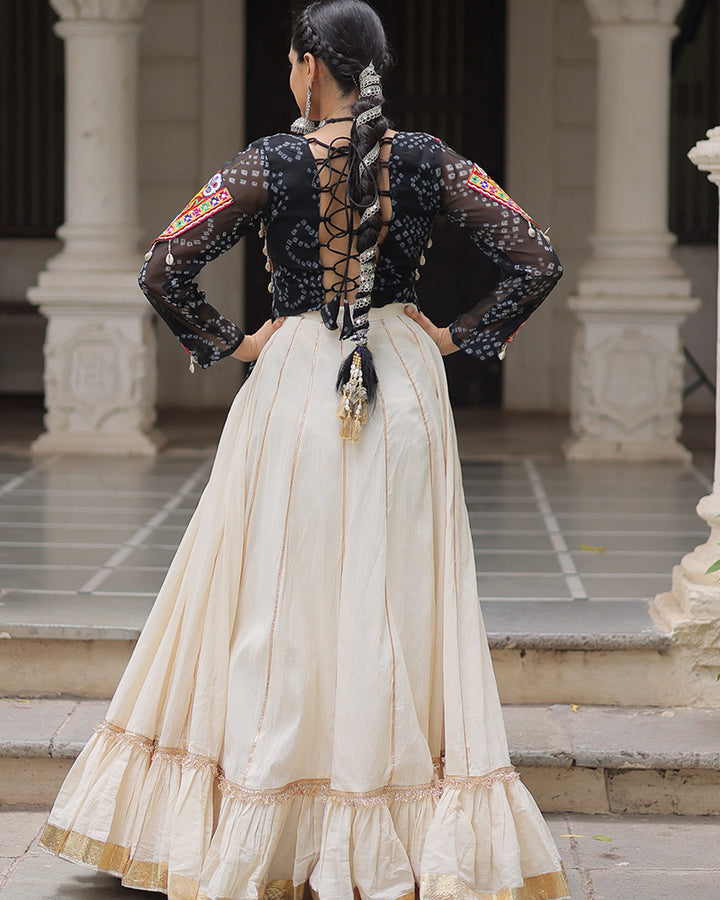 Vibrant Gamthi Work Black Kediya With Off-White Traditional Lehenga