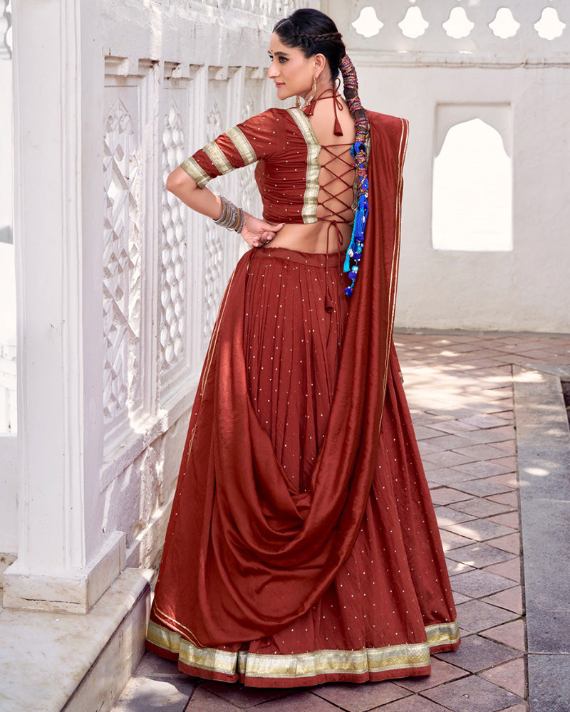 Classic Rust Orange Color Pure Chanderi Navratri Lehenga Choli