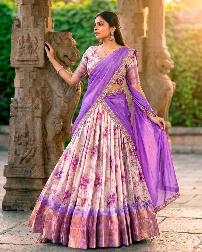 Purple Color Dola Chex Floral Printed Half Saree