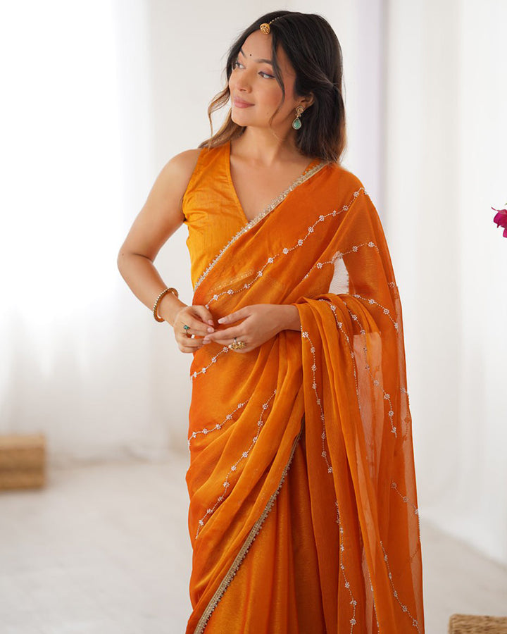 Mustard Color Smooth Sitara Embroidered Saree