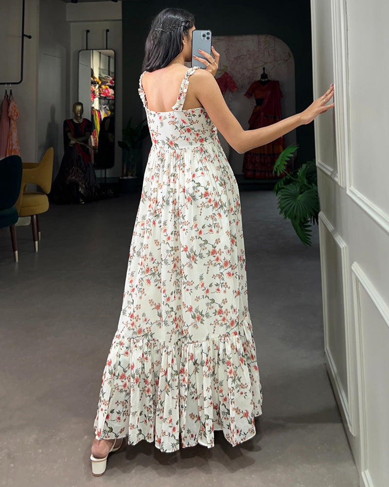 White Color Georgette Printed Long Kurti