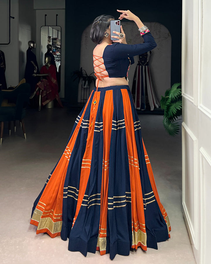 Navy Blue-Orange Color Pure Rayon Navratri Lehenga Choli