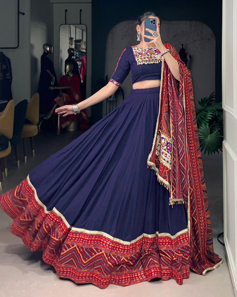 Navy Blue Color Pure Rayon Bandhej Print Navratri Lehenga Choli