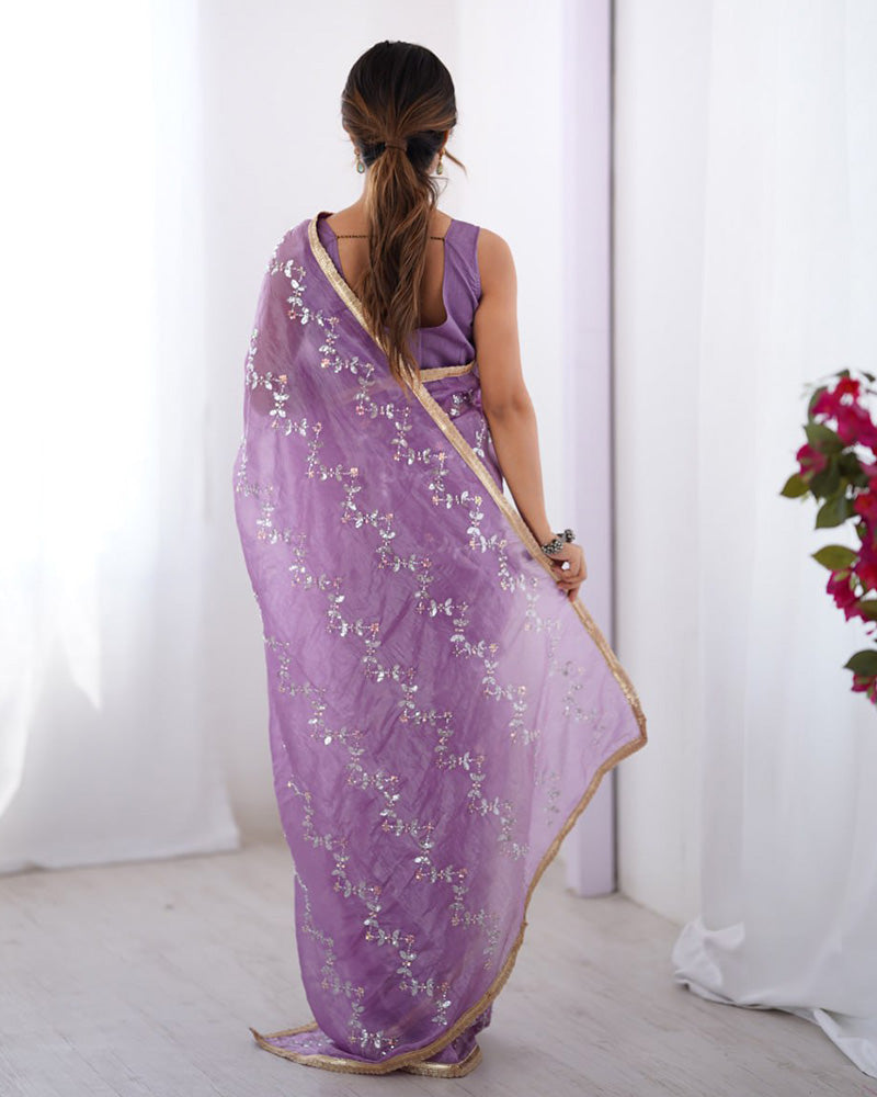 Lavender Color Smooth Gold Crush Embroidered Saree