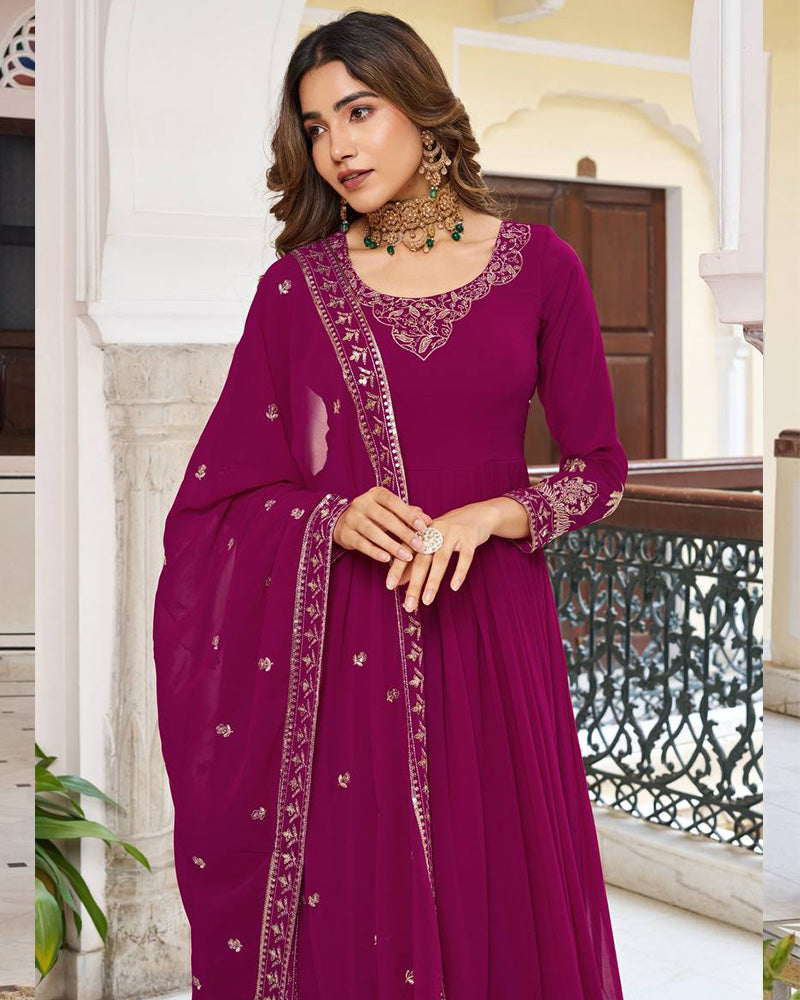 Royal Magenta Color Georgette Sequence Embroidered Gown