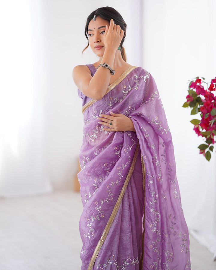 Lavender Color Smooth Gold Crush Embroidered Saree