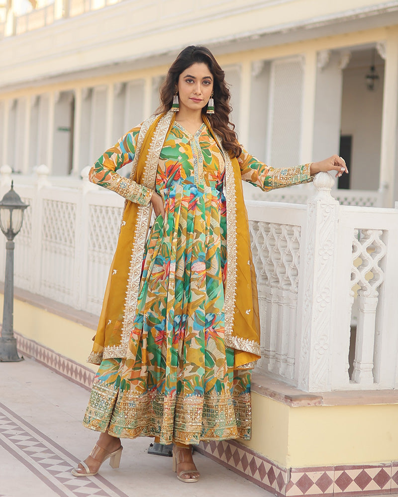Wedding Wear Floral Embroidered Yellow Color Alia Cut Gown With Dupatta