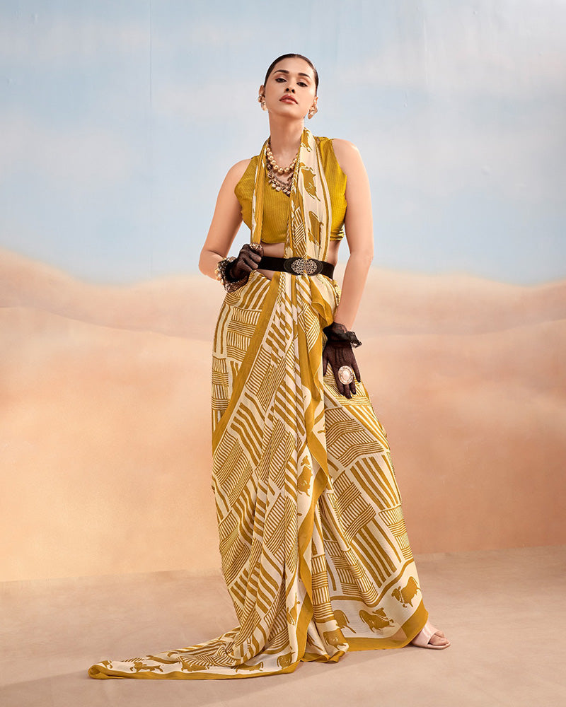 Mustard Color Satin Chiffon Printed Saree