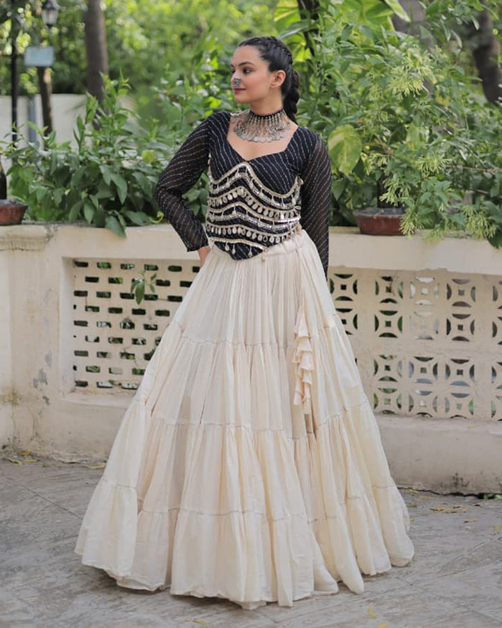 Black Color Laheriya Print Kurti With Kora Cotton Lehenga