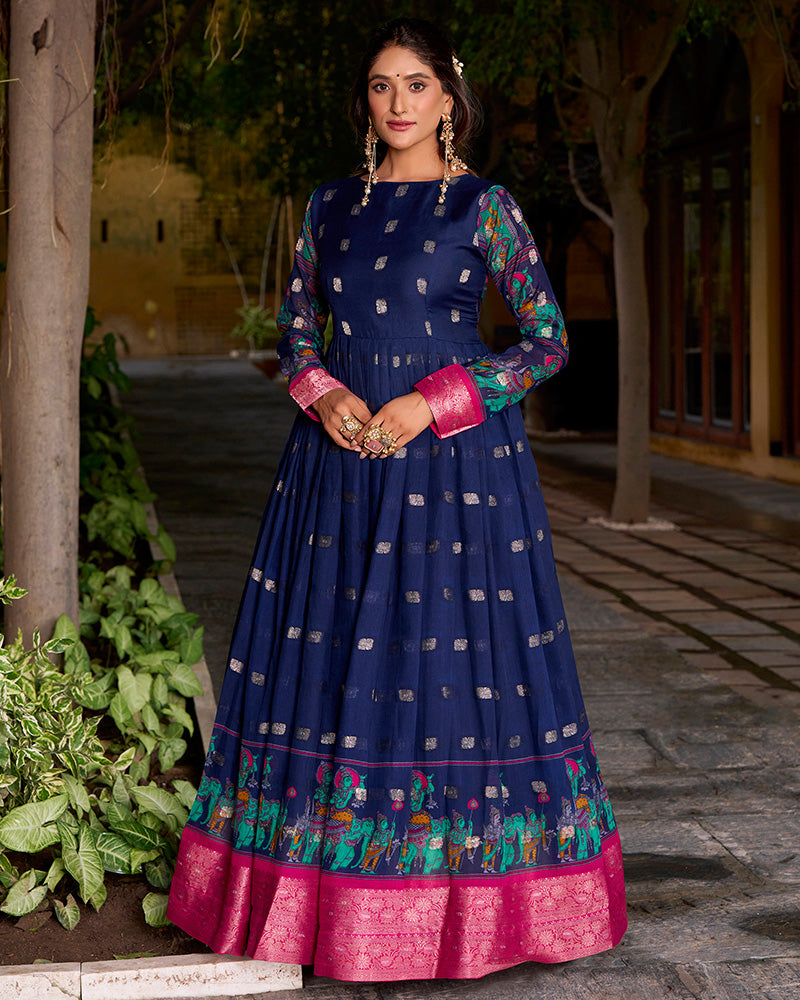 Elegant Navy Blue Color Poly Cotton Gown With koti