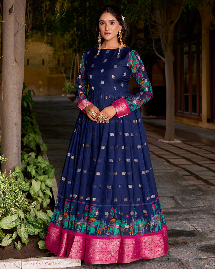 Elegant Navy Blue Color Poly Cotton Gown With koti
