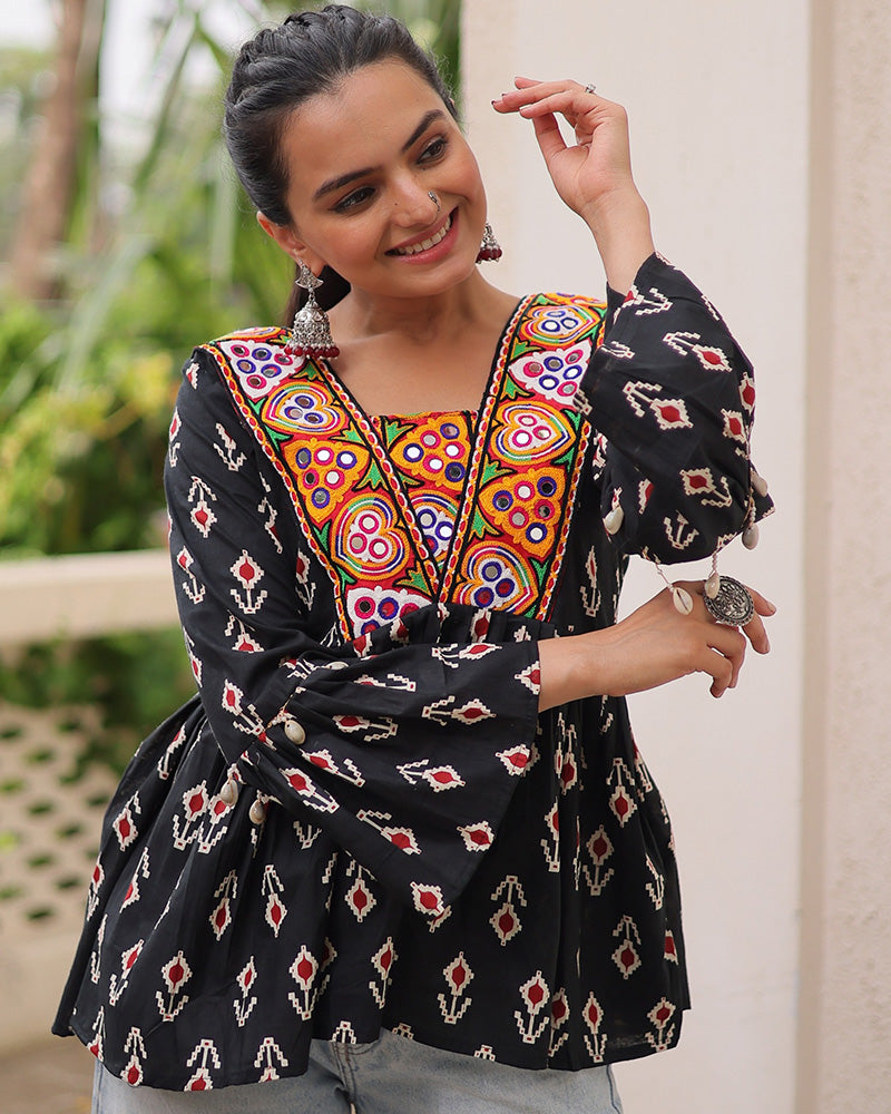 Black Color Cotton Printed Navratri Kediya