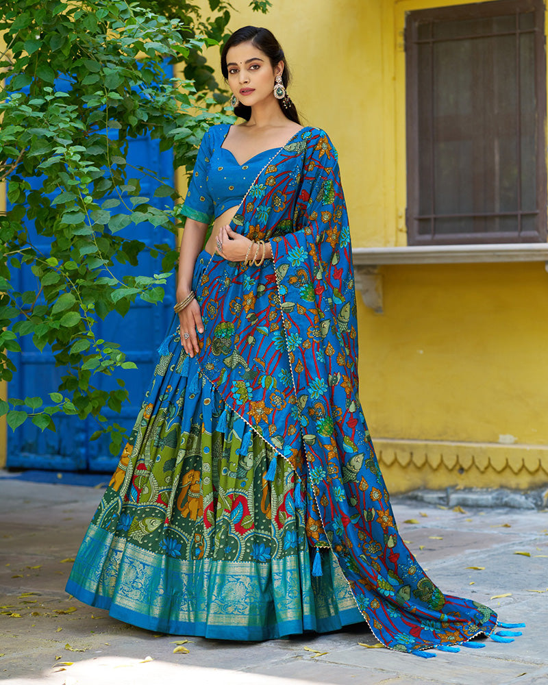Firozi Color Tussar Silk Kalamkari Printed Lehenga Choli