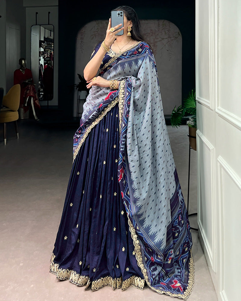 Premium Navy Blue Embroidered Vichitra Silk Lehenga Choli