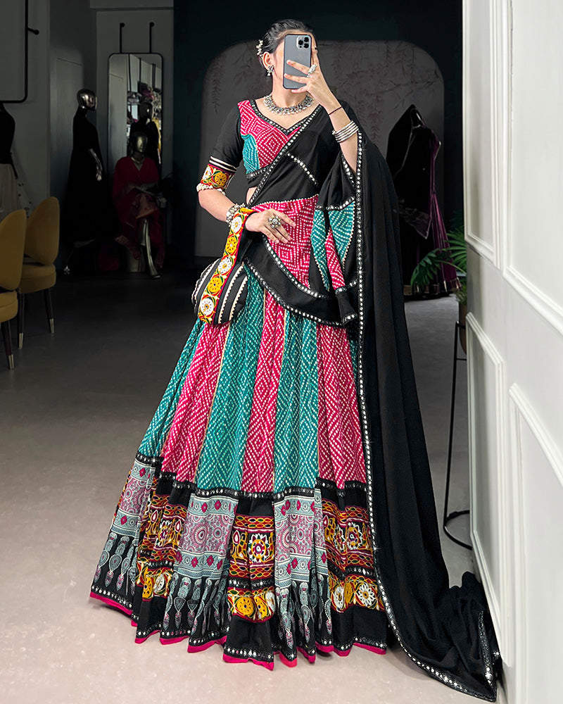 Sky And Pink Bandhej And Ajarakh Print Rayon Navratri Lehenga Choli
