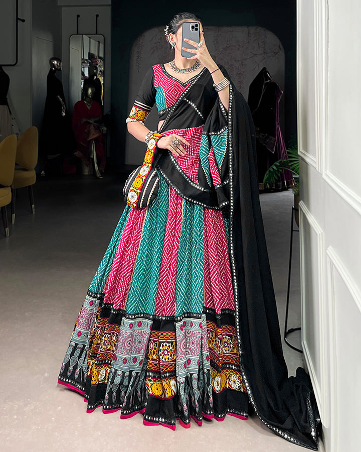 Sky And Pink Bandhej And Ajarakh Print Rayon Navratri Lehenga Choli