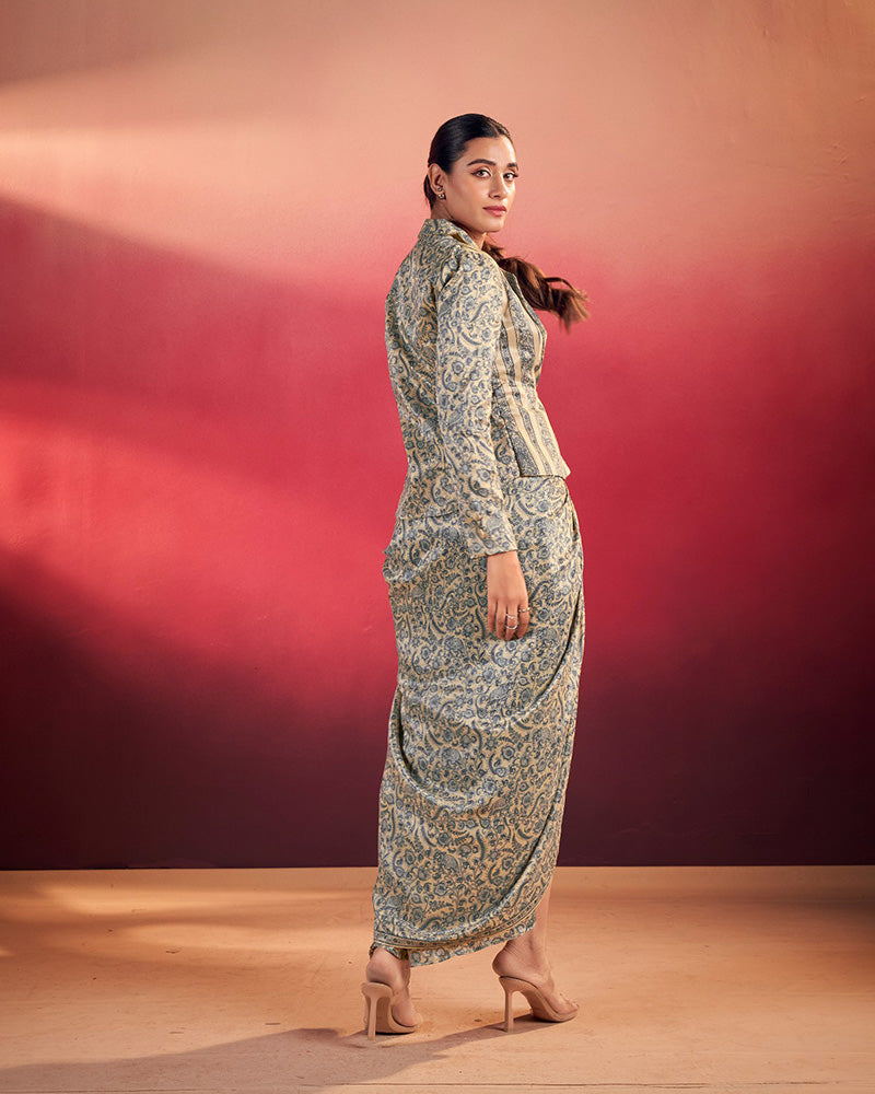 Blue Printed Jacket Style Indo-Western Co-Ord Set