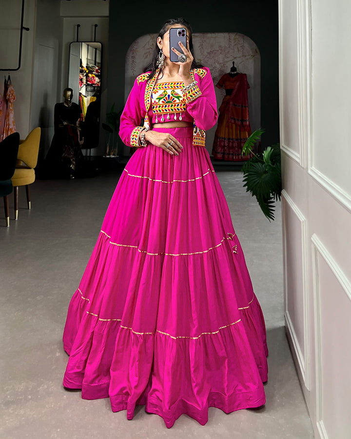 Pink Color Pure Rayon Gamthi Navratri Lehenga Choli