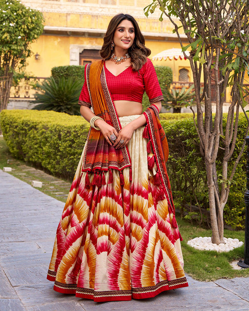 Red Color Tasar Silk Dye Printed Lehenga Choli