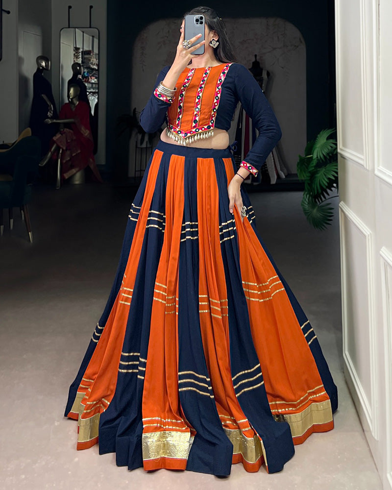 Navy Blue-Orange Color Pure Rayon Navratri Lehenga Choli
