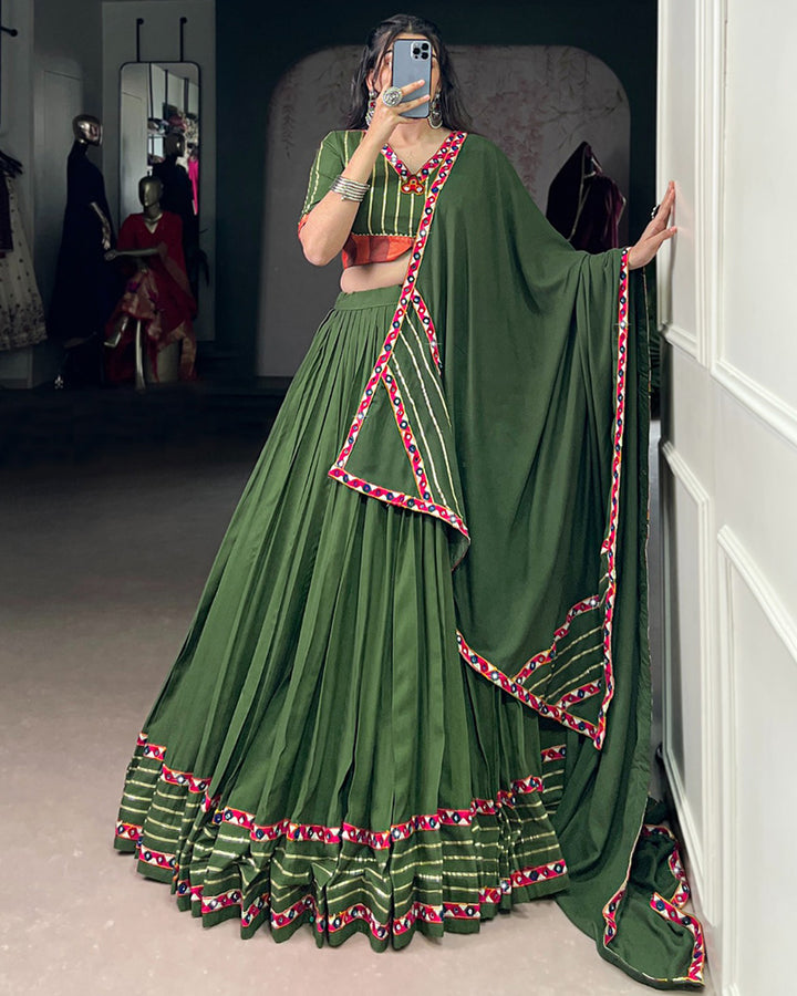 Elegant Mehndi Color Pure Rayon Navratri Lehenga Choli