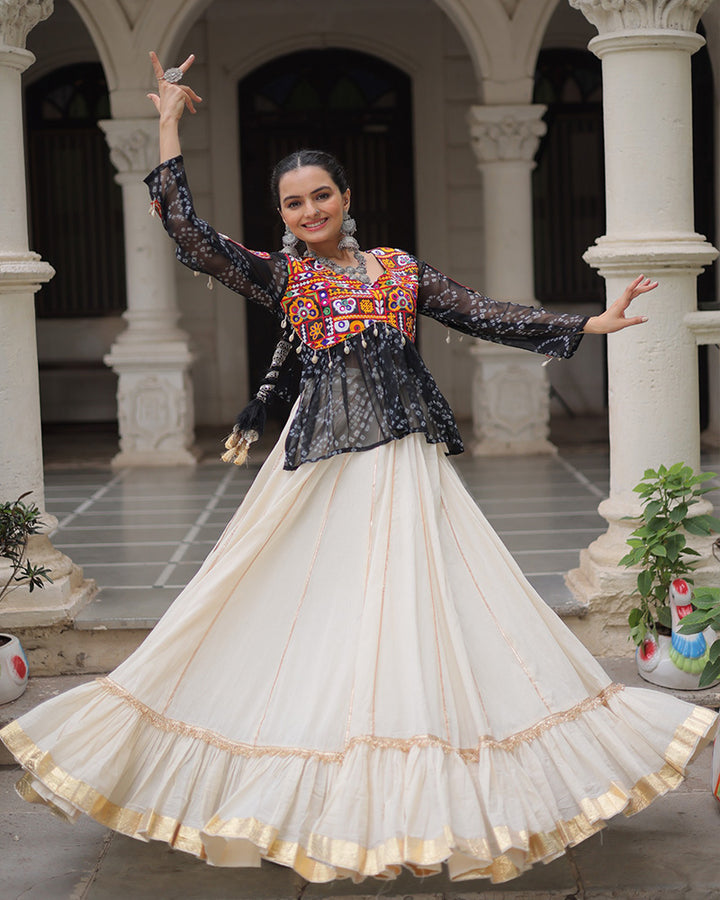 Vibrant Gamthi Work Black Kediya With Off-White Traditional Lehenga