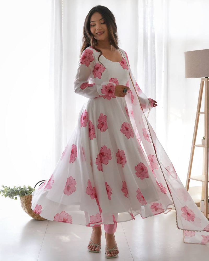 White Rose Colour Three Piece Organza Tebby Anarkali Suit