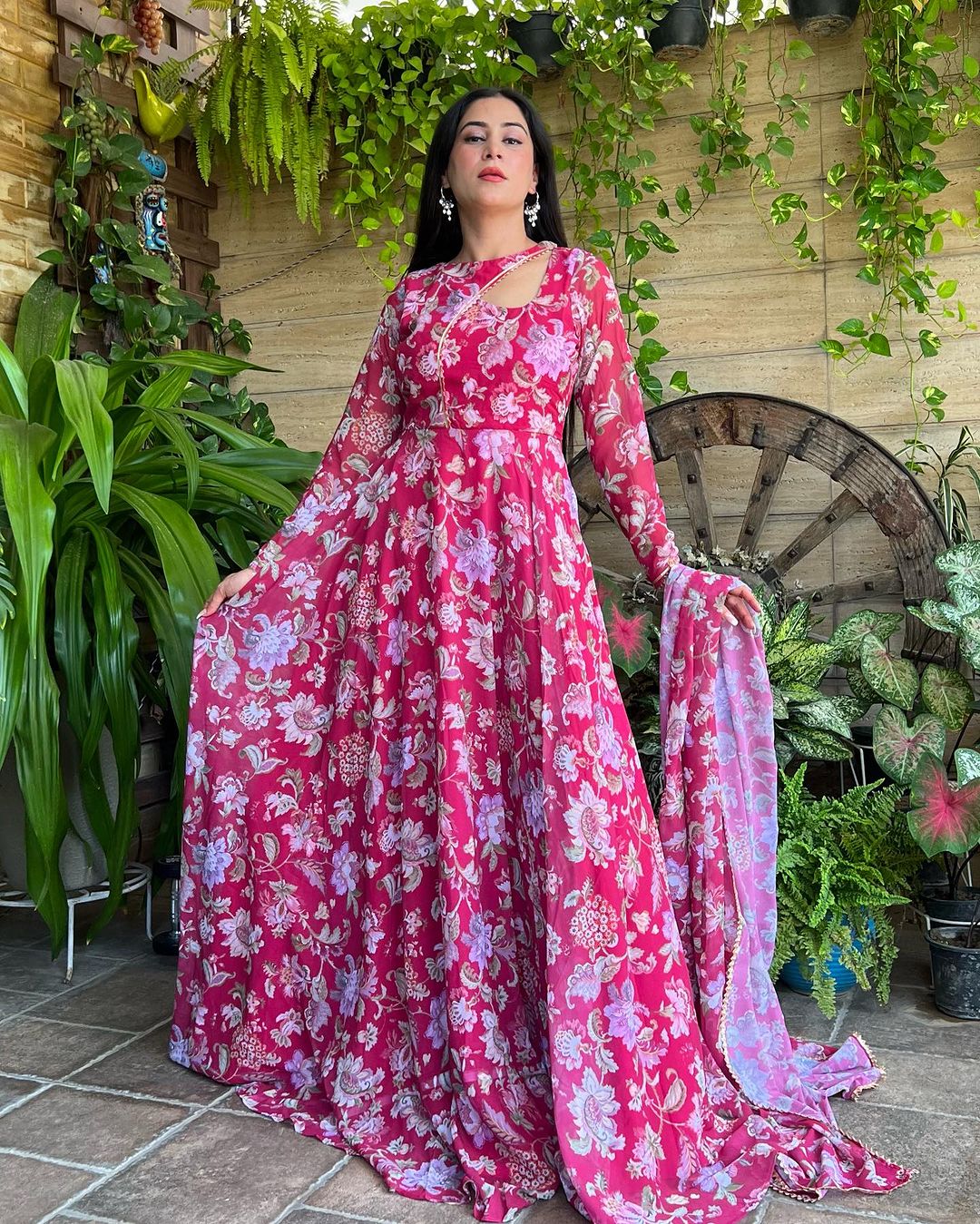 Isha Sharma Stylish Neck Design Soft Georgette Floral Pink Color Three Piece Anarkali Suit