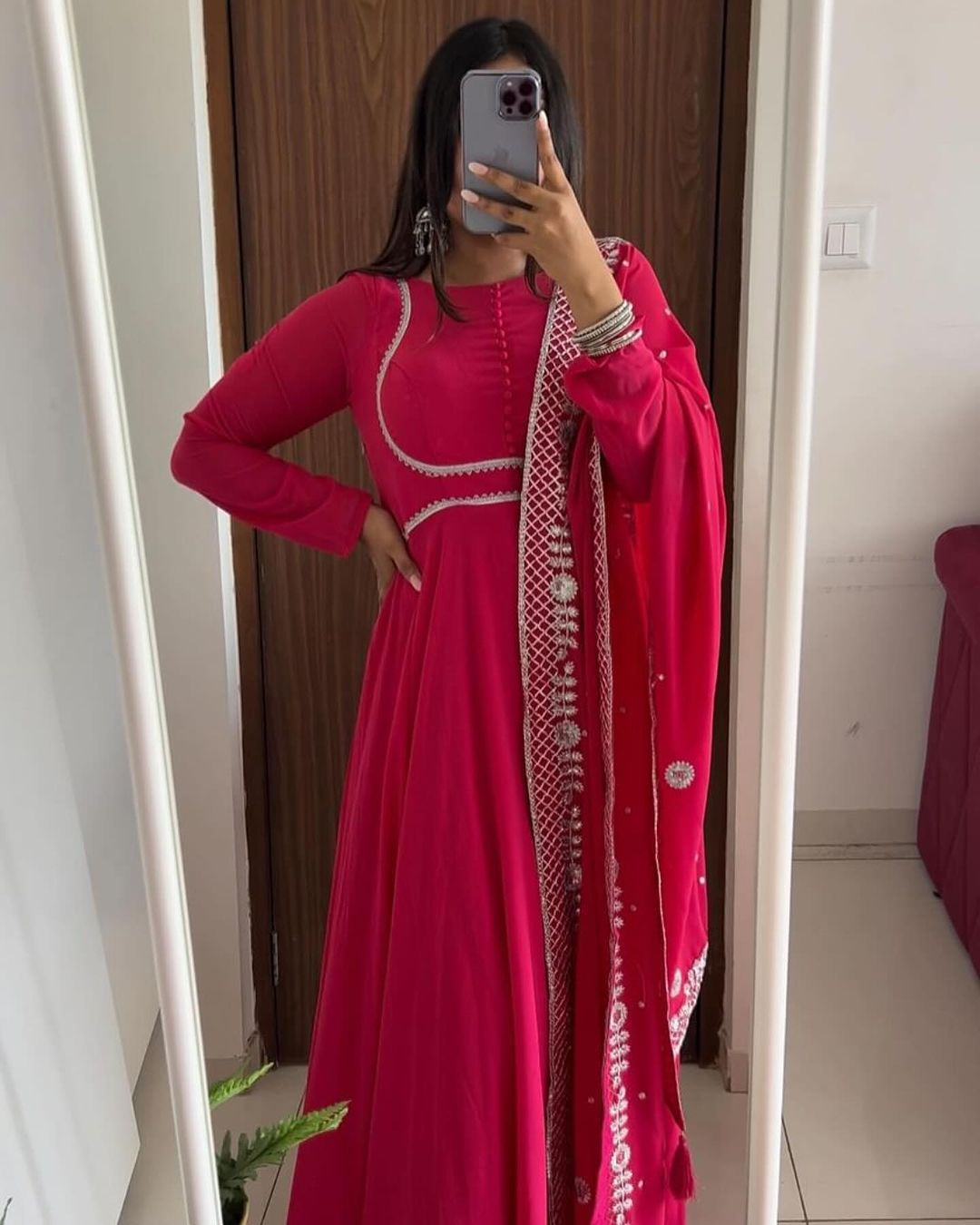 Srushti Kudale in Our Rani Pink Embroidered Dupatta Anarkali Three Piece Suit