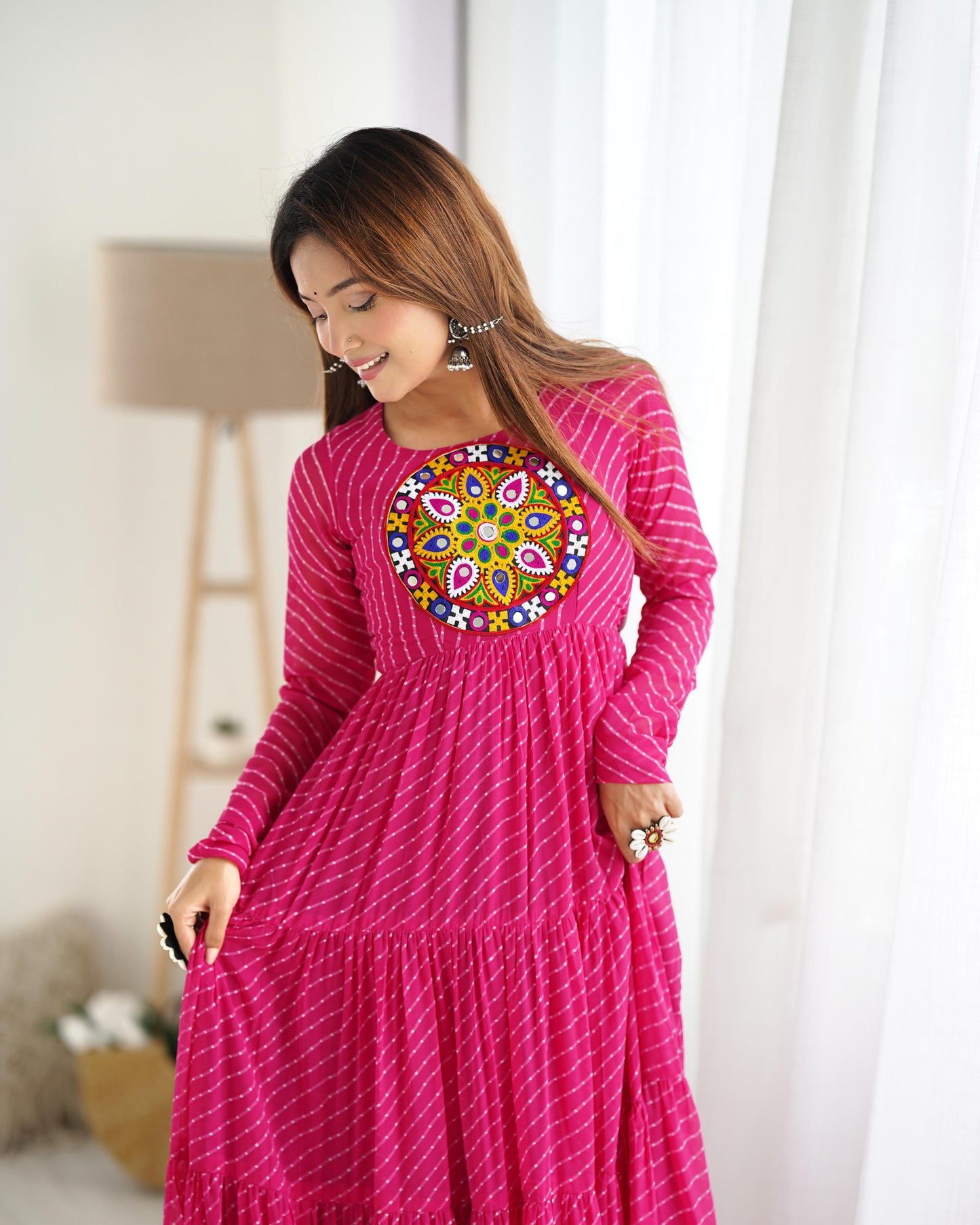 Rani Pink Color Georgette Laheriya Print Navratri Gown
