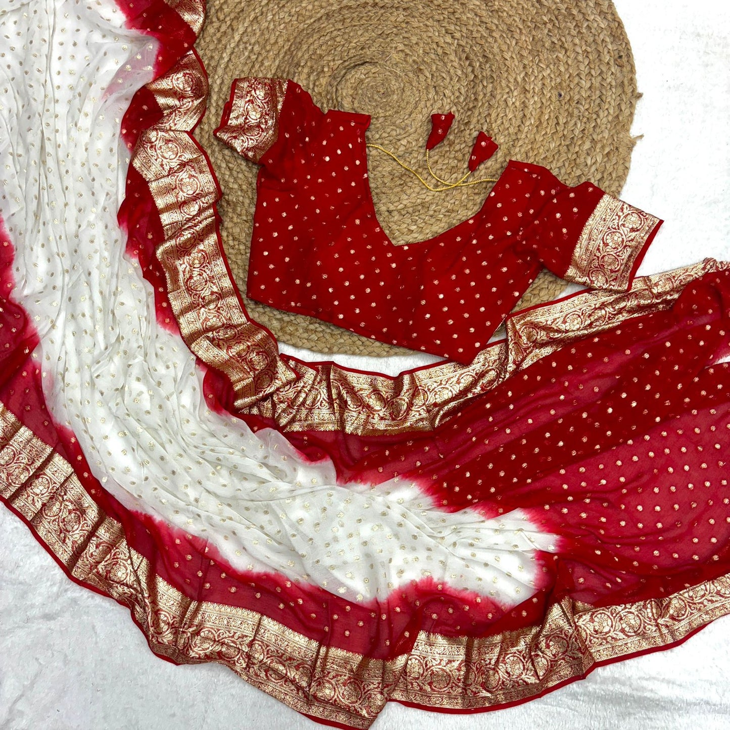 White And Red Color Pure Viscose Georgette Saree