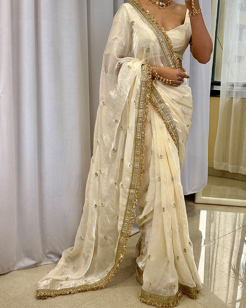 Cream Color Space Satin Embroidered Saree
