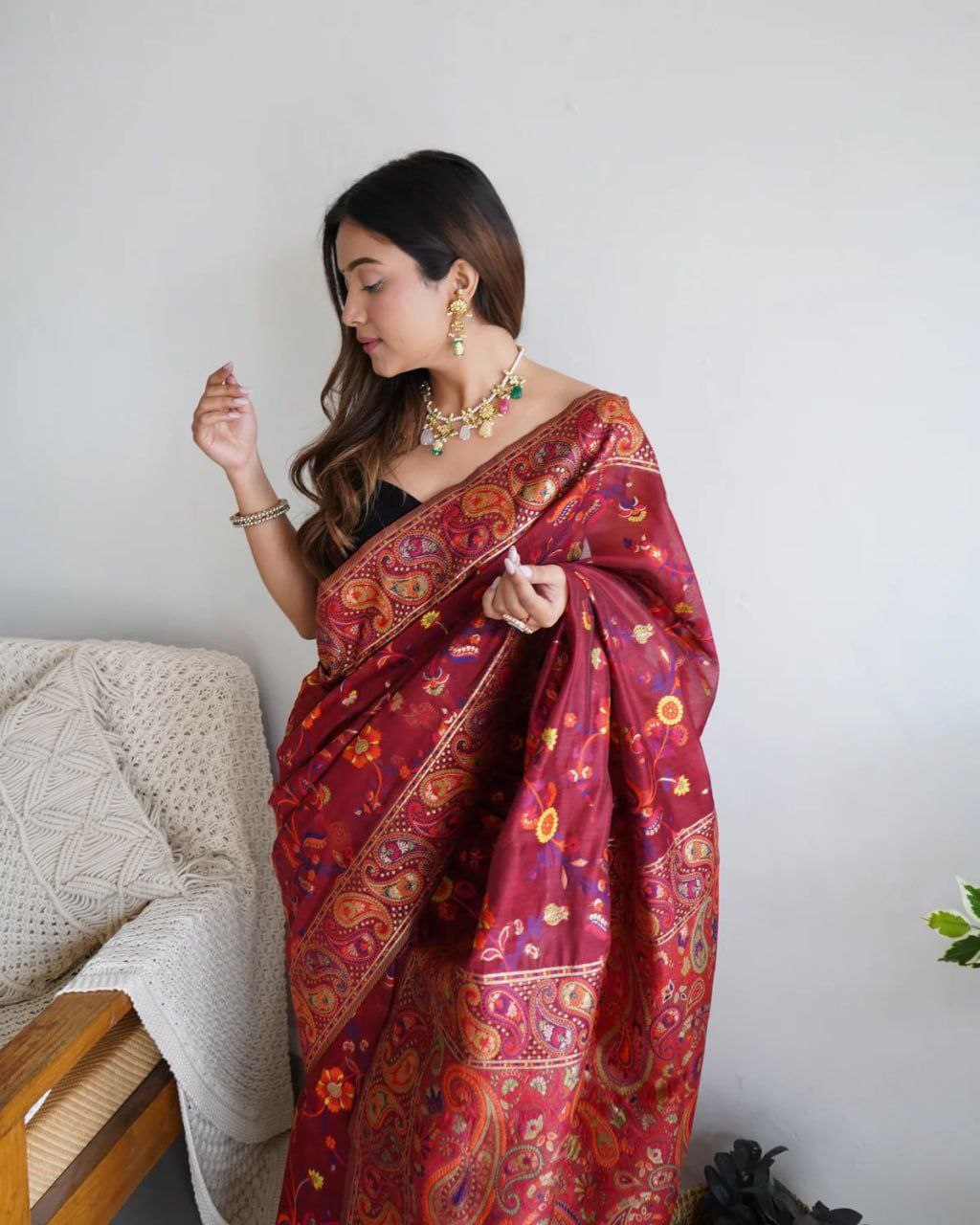 Maroon Colour Banarsi Soft Silk Saree