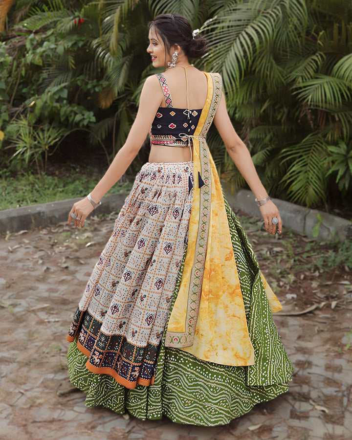 Designer Mehndi-Off White Color Cotton Printed Lehenga Choli