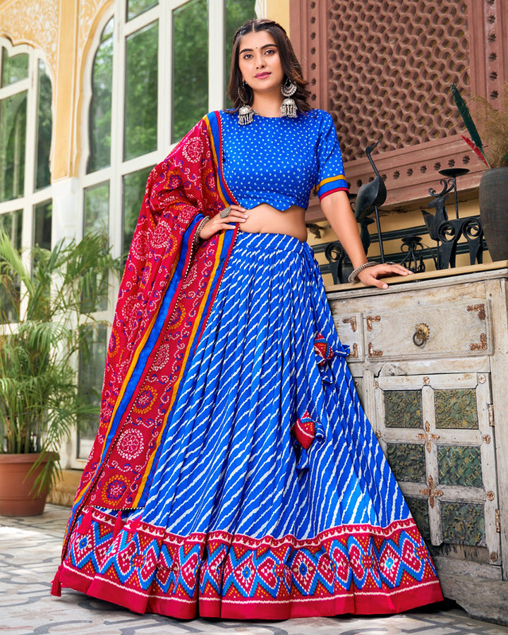 Royal Blue Color Tussar Silk laheriya Printed Navratri Lehenga Choli