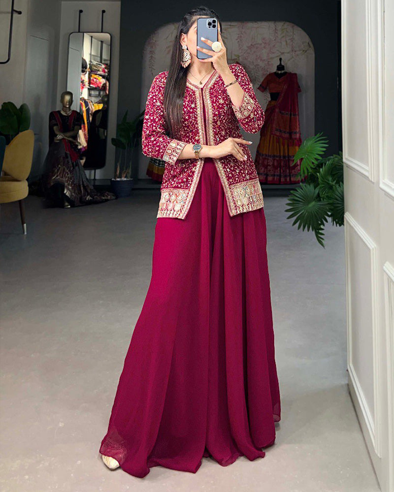Rani Pink Color Embroidery Work Georgette Plazo Suit