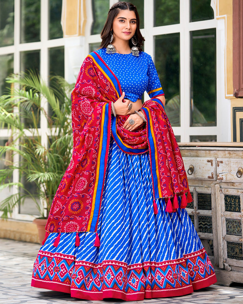 Royal Blue Color Tussar Silk laheriya Printed Navratri Lehenga Choli