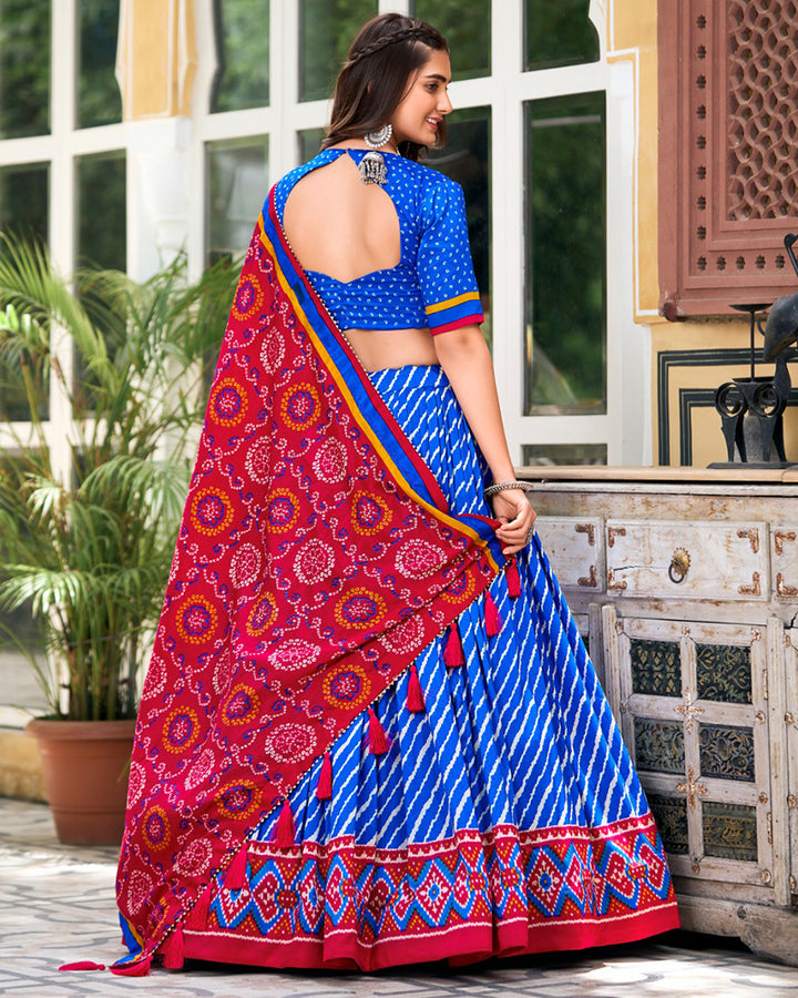 Royal Blue Color Tussar Silk laheriya Printed Navratri Lehenga Choli