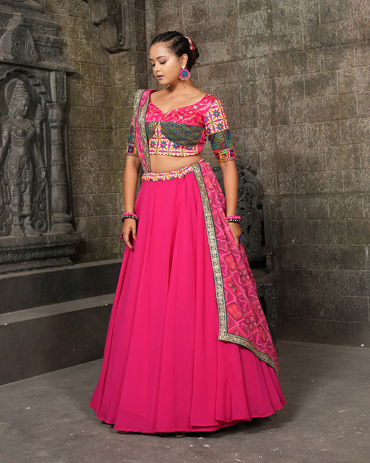 Designer Embroidered Rani Pink Color Georgette Navratri Lehenga Choli