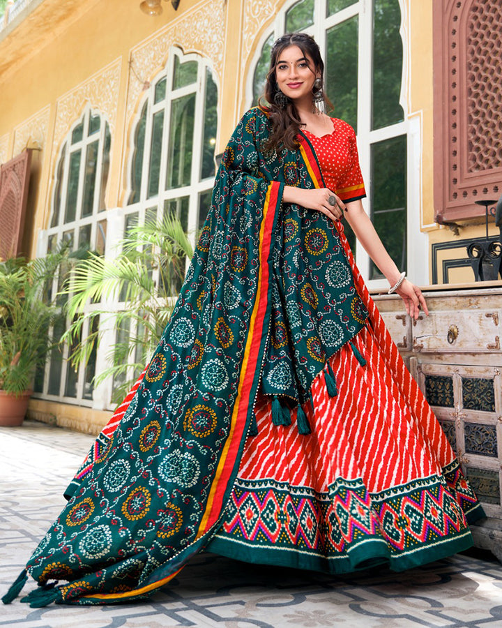 Red Color Tussar Silk laheriya Printed Navratri Lehenga Choli