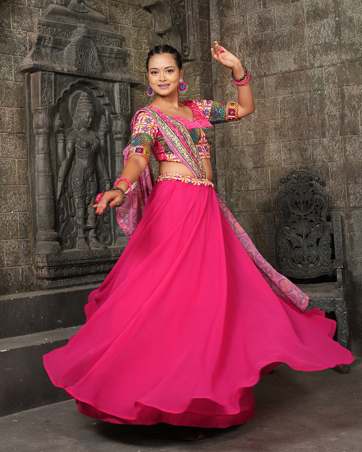 Designer Embroidered Rani Pink Color Georgette Navratri Lehenga Choli