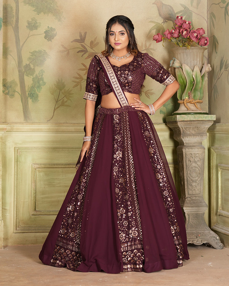 Designer Embroidered Wine Color Georgette Lehenga Choli