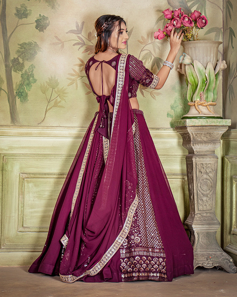 Designer Embroidered Wine Color Georgette Lehenga Choli