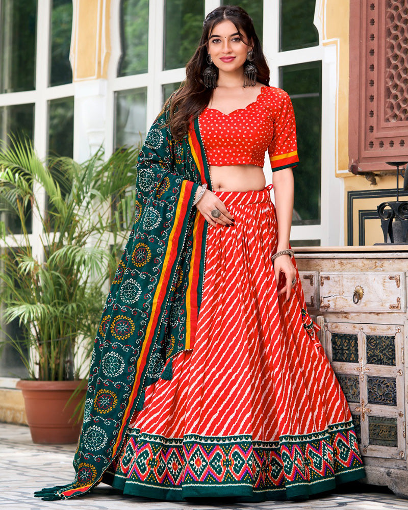 Red Color Tussar Silk laheriya Printed Navratri Lehenga Choli